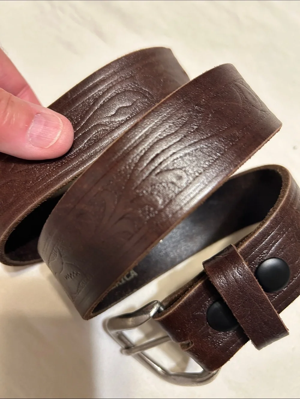 Men's Dark Brown Embossed Leather Belt with Brushed Buckle